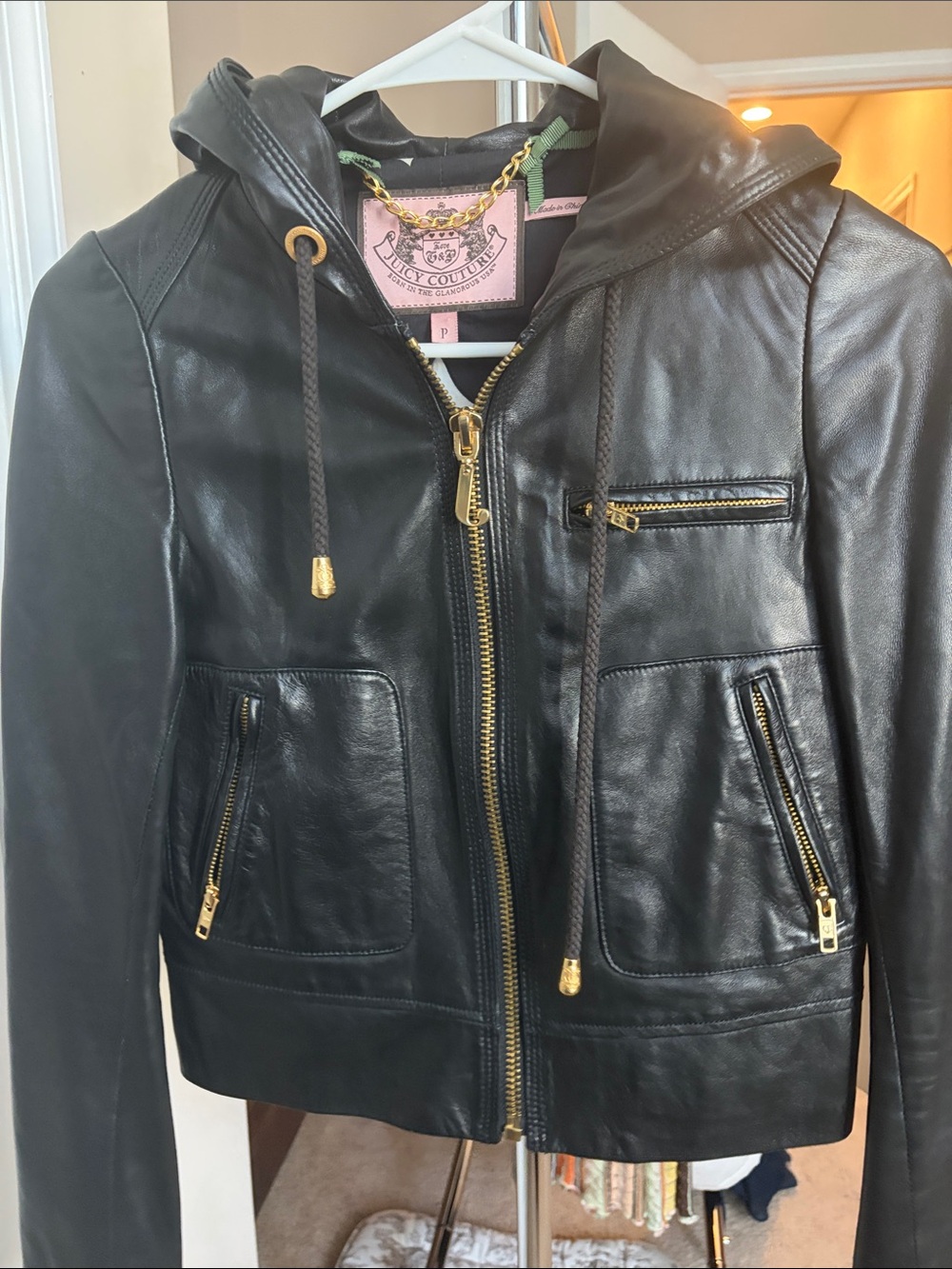 Juicy Couture Black Leather Hooded Jacket with Gold Hardware